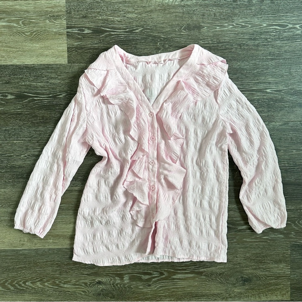 Romantic Pink Ruffle Trim Blouse Button Front Plisse Style Top Large
